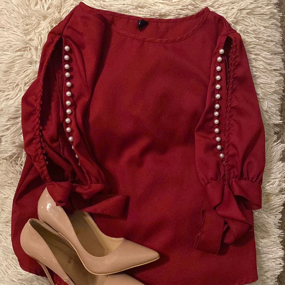 Burgundy Beaded Open Arm Blouse!